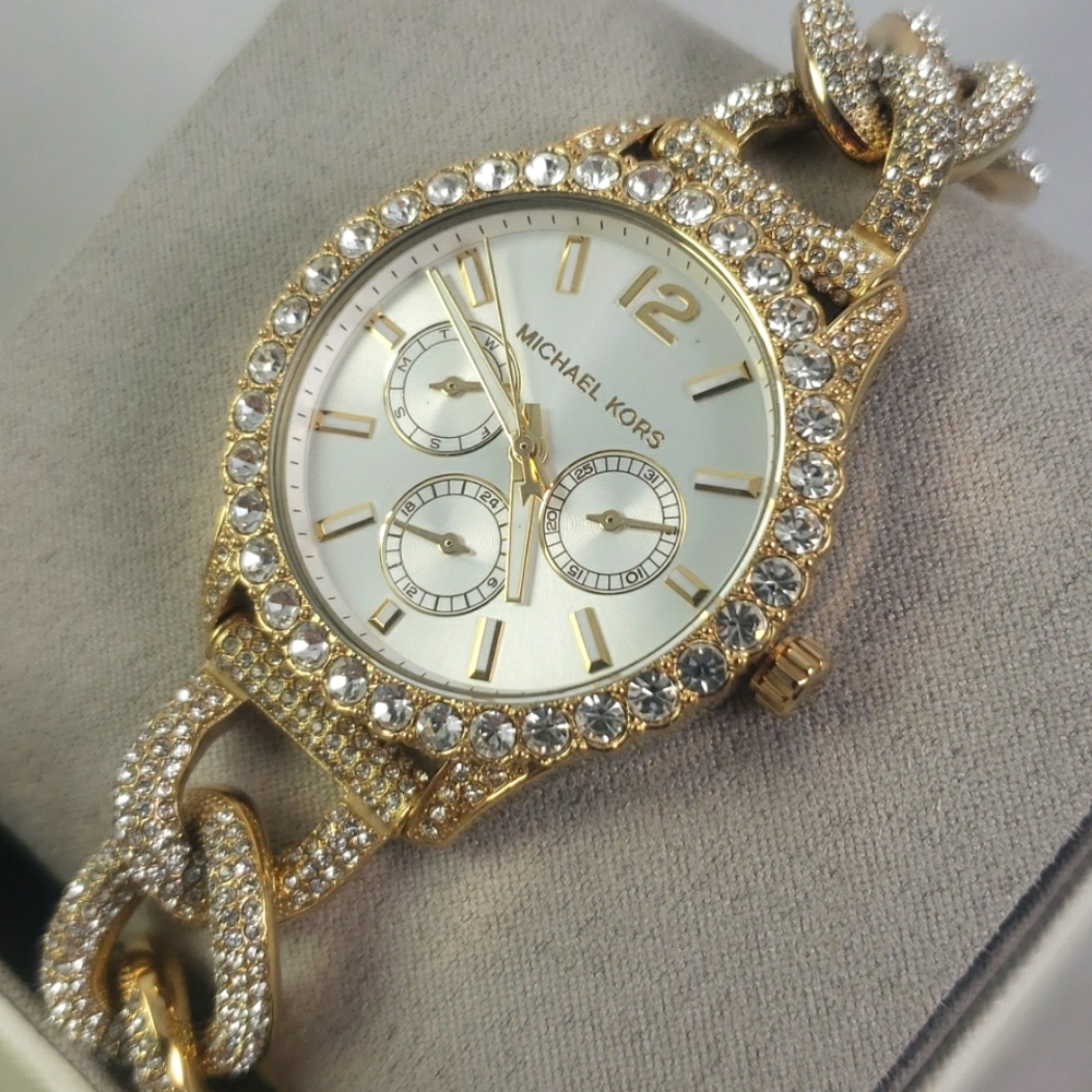 New Michael Kors Layton Gold Extreme Glitz Crystal Chain Bracelet Watch MK4653
